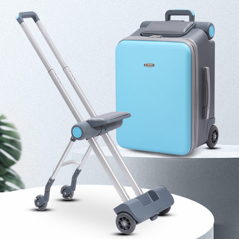 Blue suitcase with a matching rolling handle on a light gray background