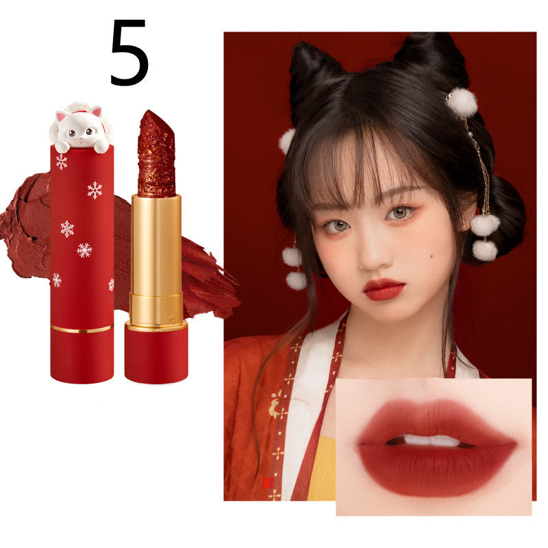 Red lipstick with gold accents, a person wearing cat ears, and a close-up of lips with red lipstick.
