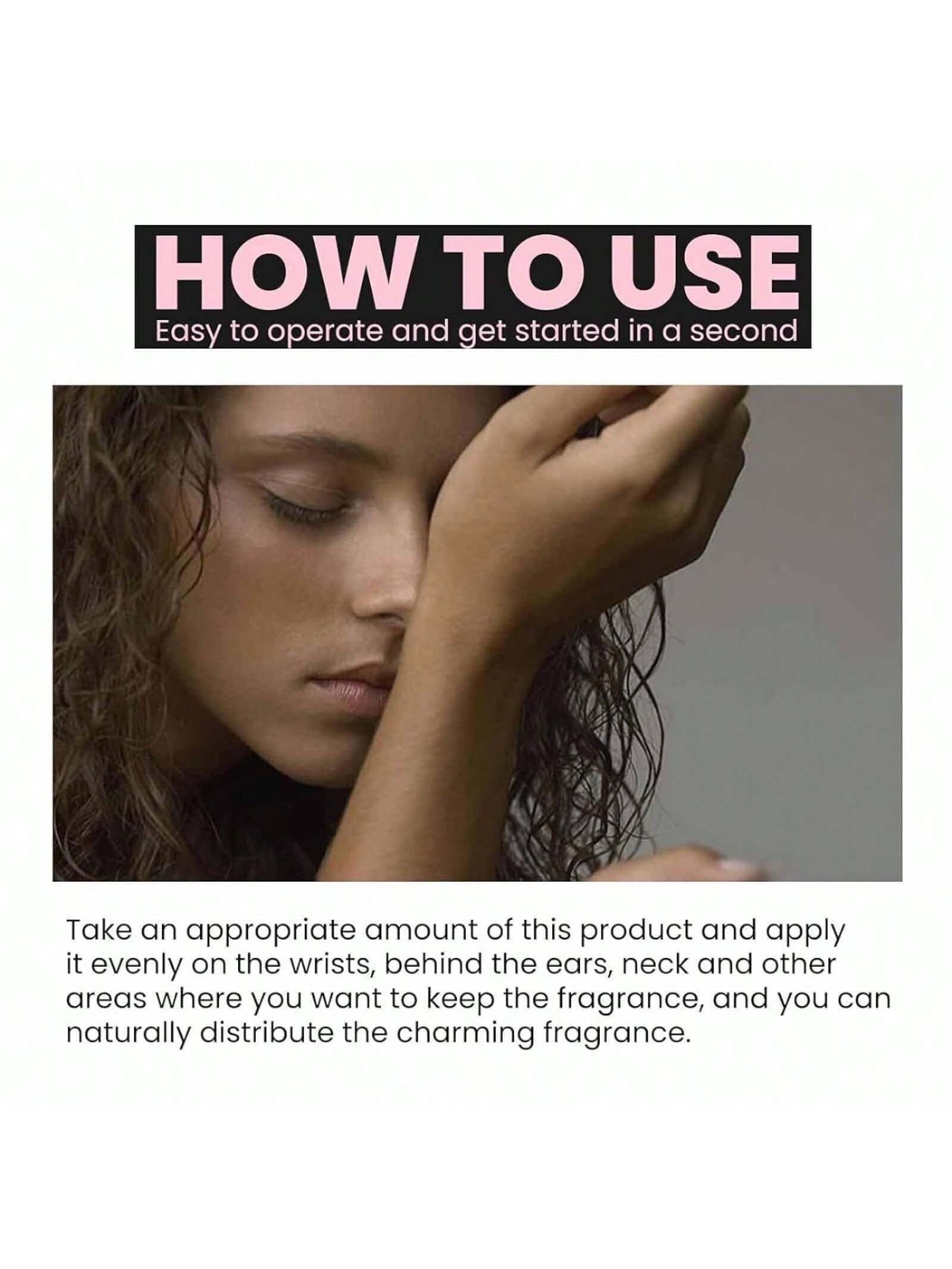 Instructions on how to use a product with a close-up of a person applying it.