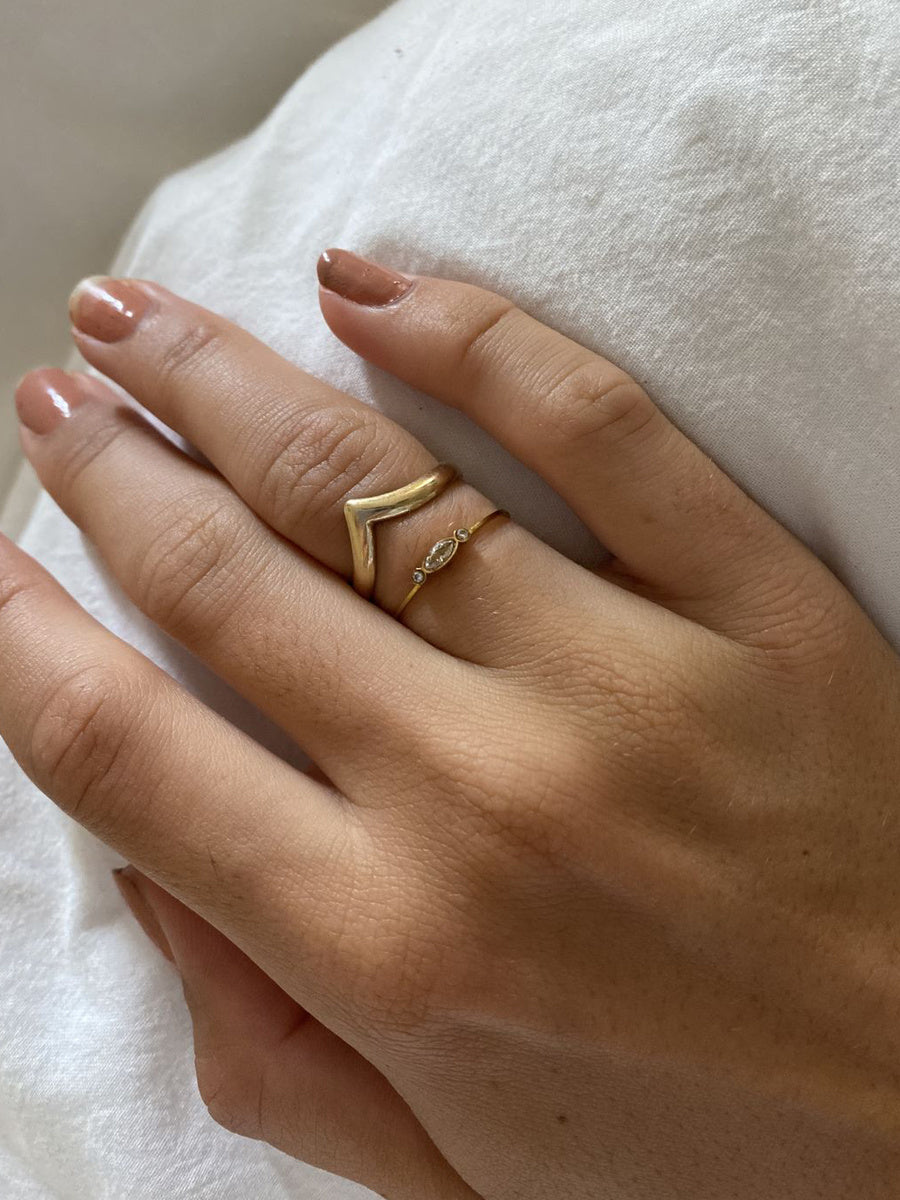 Gold ring with a chevron design on a person's finger against a white background