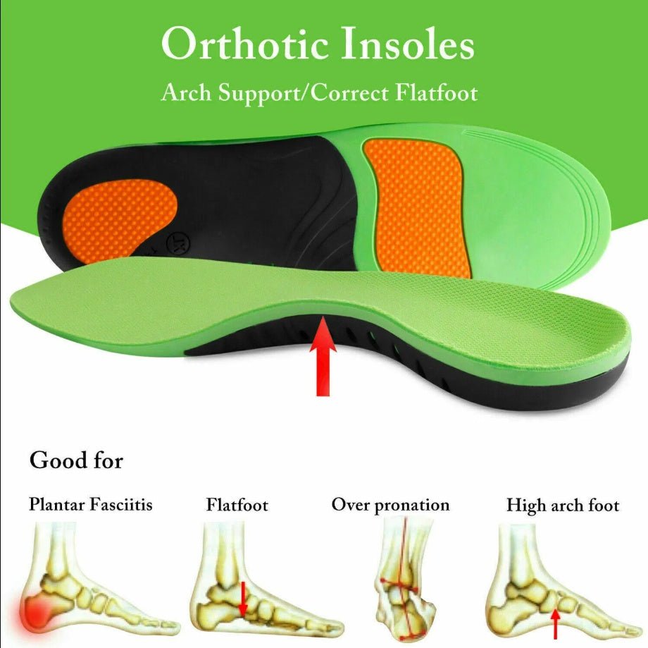 Green orthotic insole with arch support features and illustrations of foot conditions it helps.
