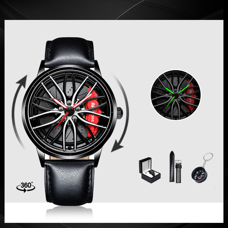 Black wristwatch with car wheel design, packaging box, pen, and keychain on a white background