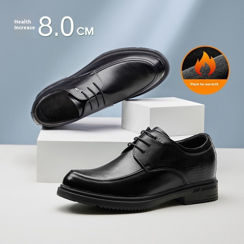 Black dress shoes on a white platform with a gray background, featuring text about health increase and fireproof material.