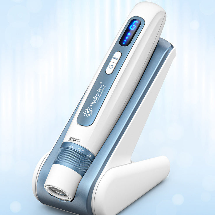 HydraFacial device on a light blue background