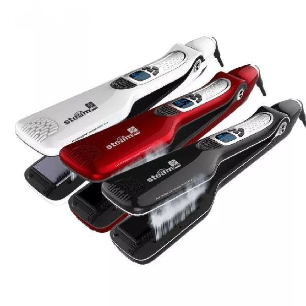 Set of four steam brushes in white, red, black, and silver on a white background.