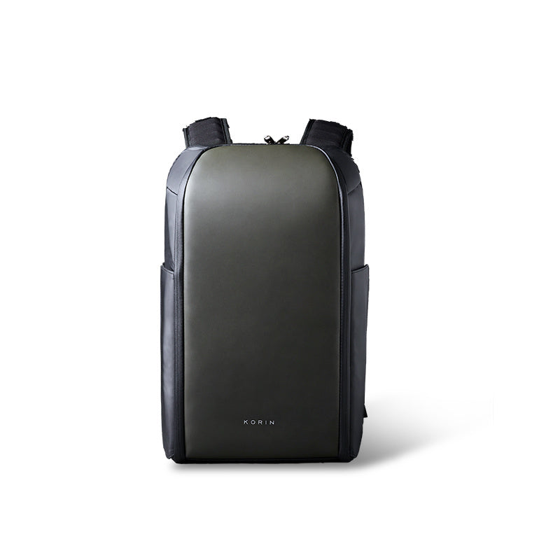 Black backpack with a visible brand logo on a white background