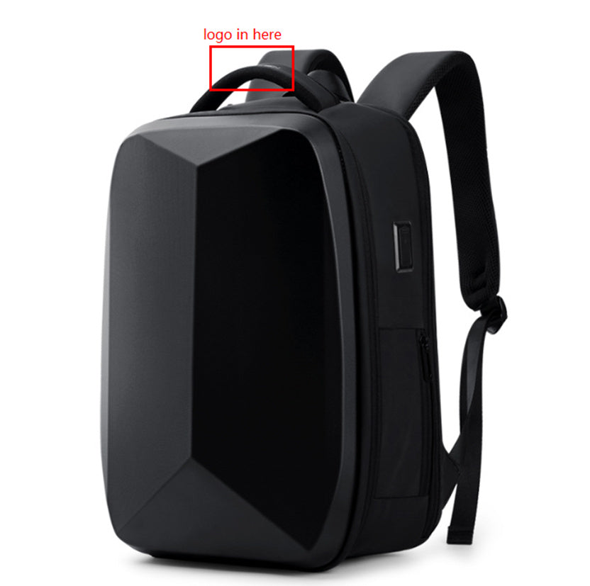 Black backpack with USB port on a white background