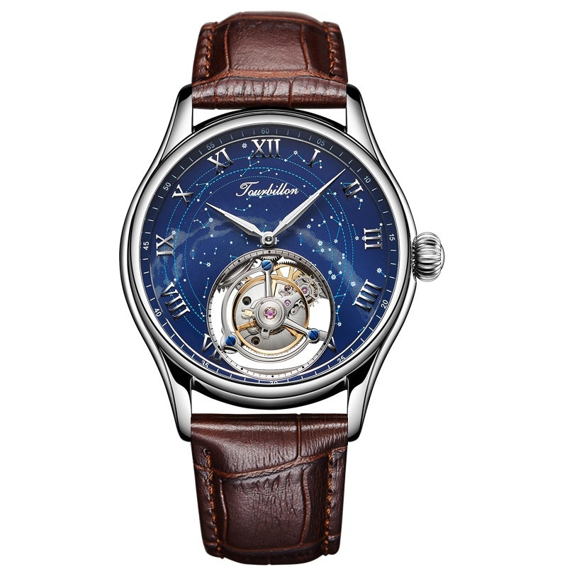 Luxury watch with brown leather strap and blue face on white background