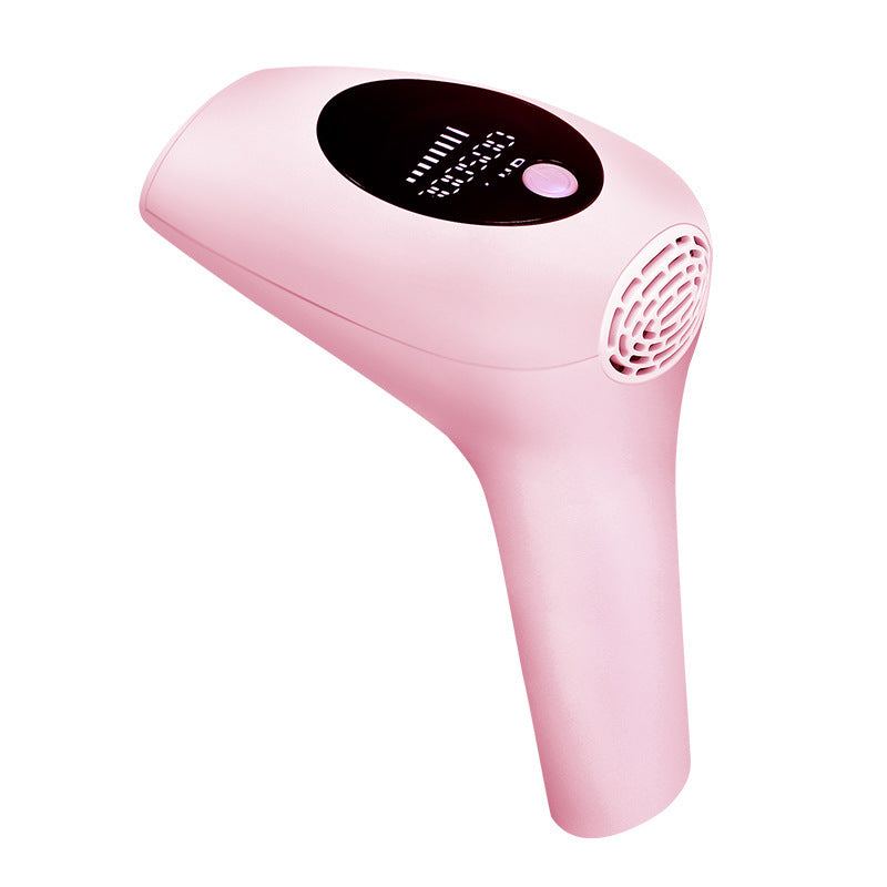Pink handheld device with digital display on a white background