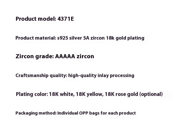 Product specifications for a jewelry item with details on material, zircon grade, plating color, and packaging method.