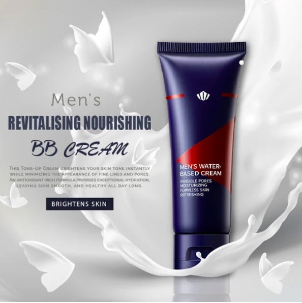 Men's revitalizing nourishing BB cream tube on a gray background with white cream effects