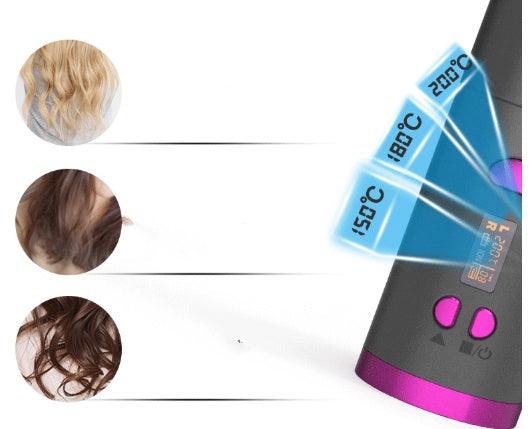 Hair straightening tool with temperature display and hair samples on a white background