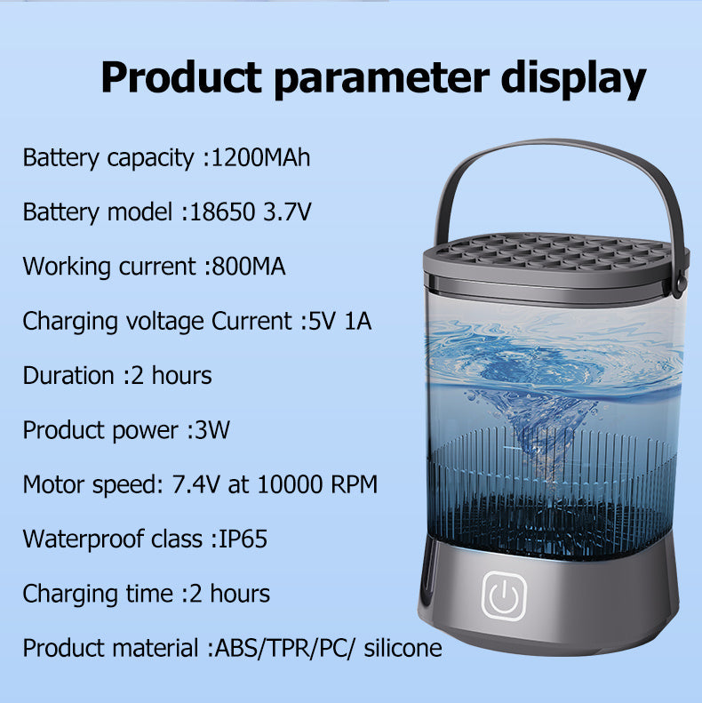 Product parameter display with a portable water filter on a blue background