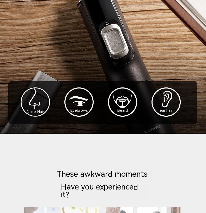 Black grooming tool on a wooden surface with icons for nose hair, eyebrows, beard, and ear hair.