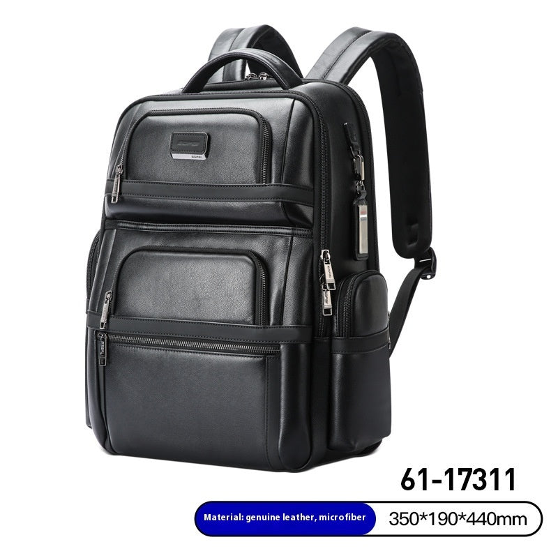 Black leather backpack with multiple compartments on a white background