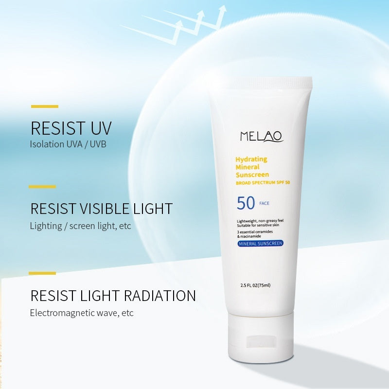 Melao sunscreen tube with text highlighting features on a light blue background
