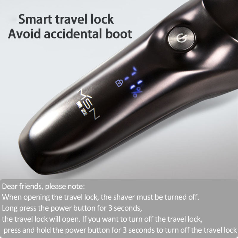 Shaver with smart travel lock feature on a gray background