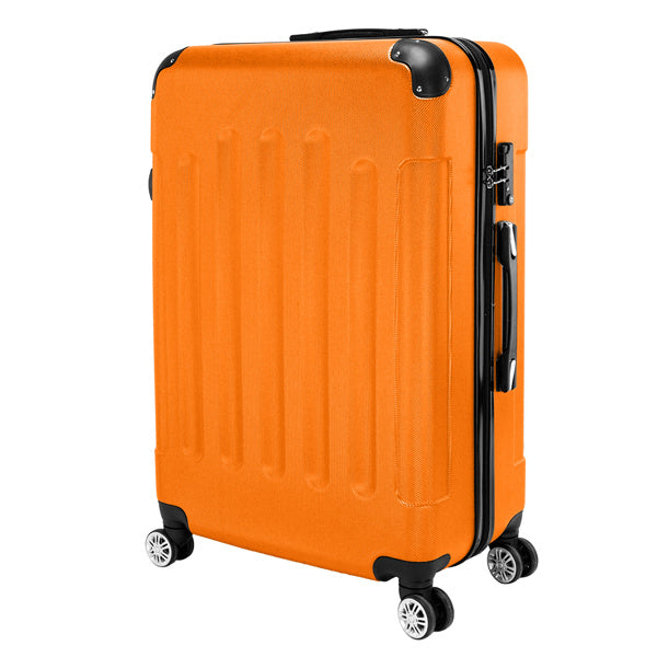 Orange suitcase with black wheels and handle on a white background