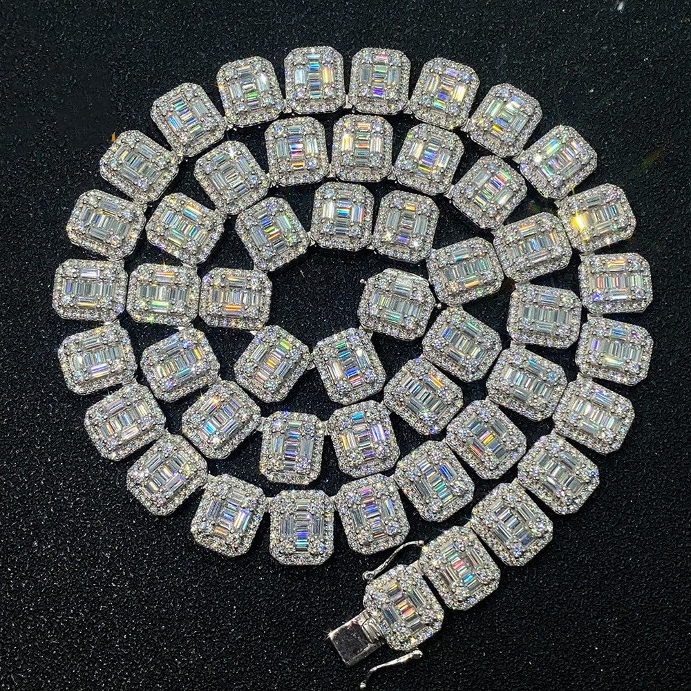 Silver bracelet with rectangular gemstones on a black background