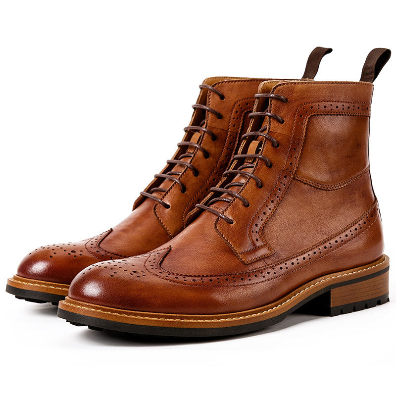 Pair of brown leather boots with lace-up design on a white background