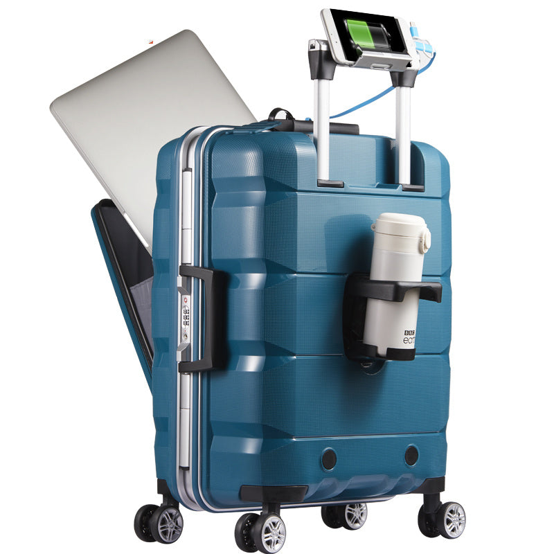 Blue suitcase with a laptop, phone, and coffee cup attached on a white background