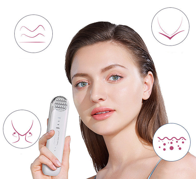 Woman holding a skincare device with icons showing skin benefits on a white background