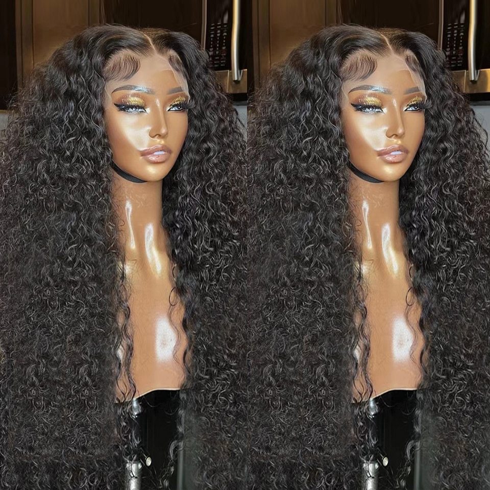 Two mannequin heads with long, curly black wigs on a blurred background.