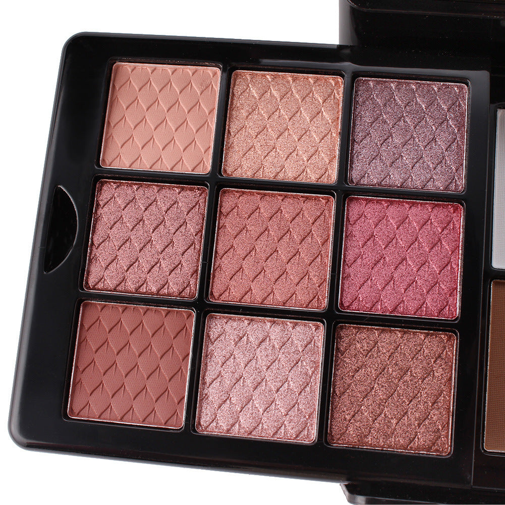 Makeup palette with pink and brown shades on a white background