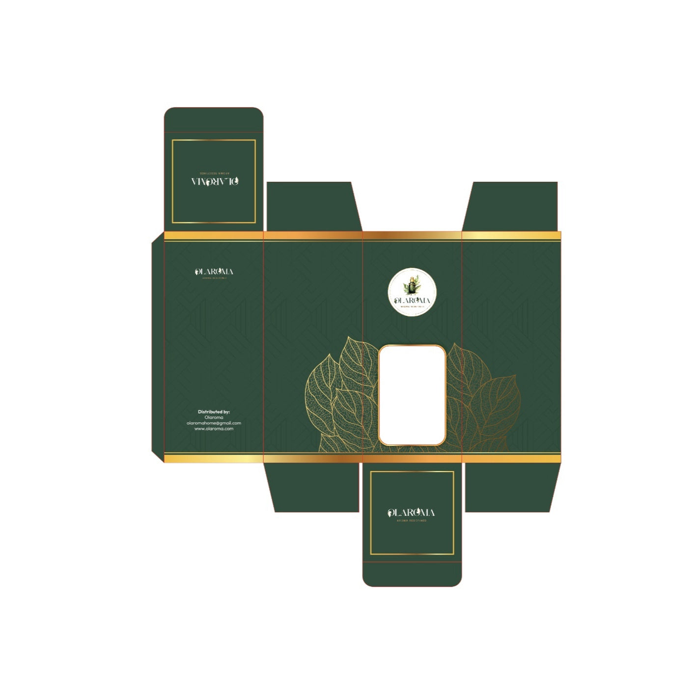 Green packaging box with gold accents and brand logo on a white background