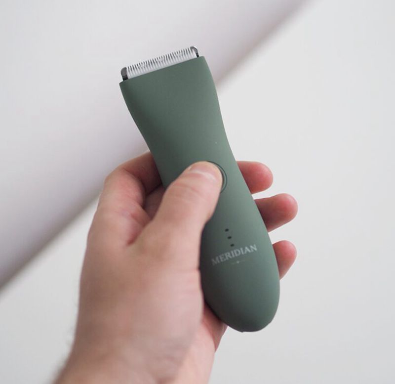 Hand holding a green Meridian grooming tool against a white background