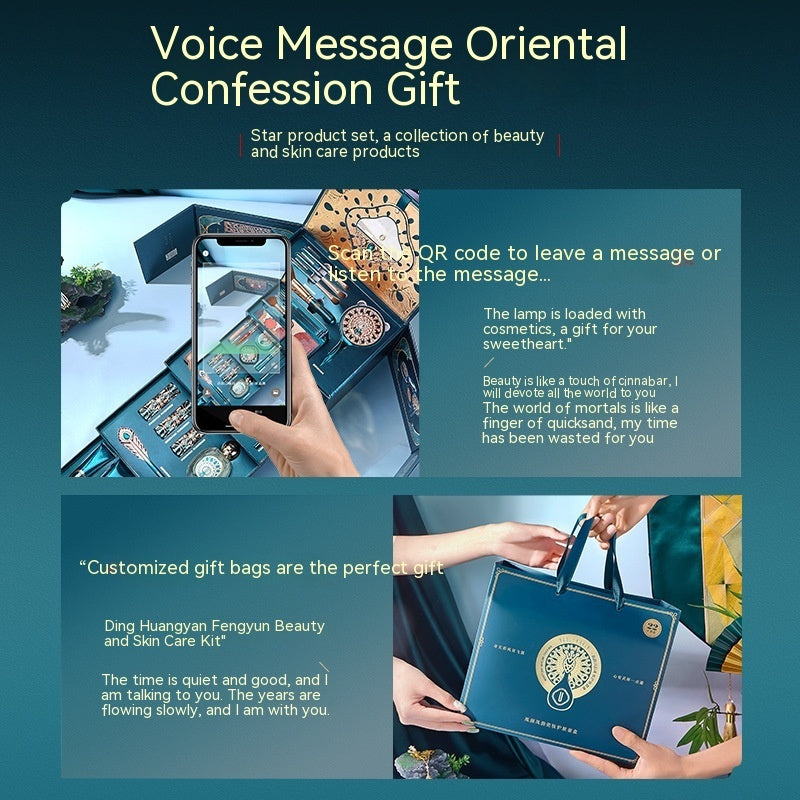 Promotional image of a beauty and skincare gift set with a phone app feature.