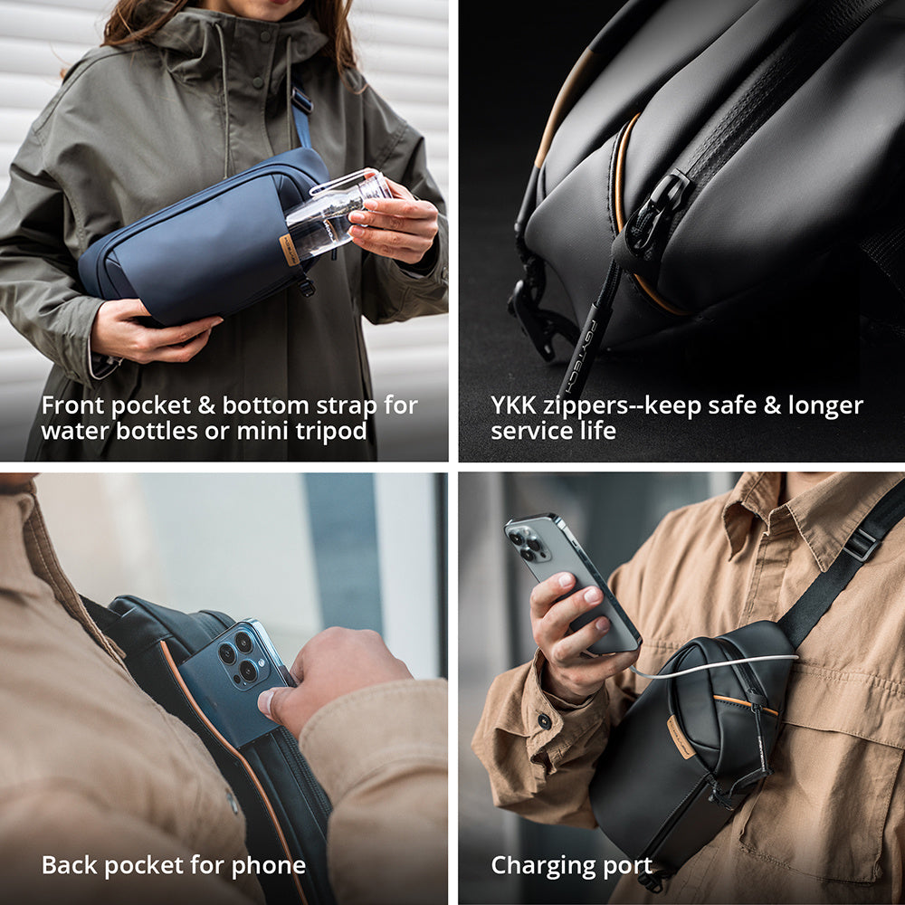 Product features of a black bag with front pocket, bottom strap, YKK zippers, back pocket, and charging port.