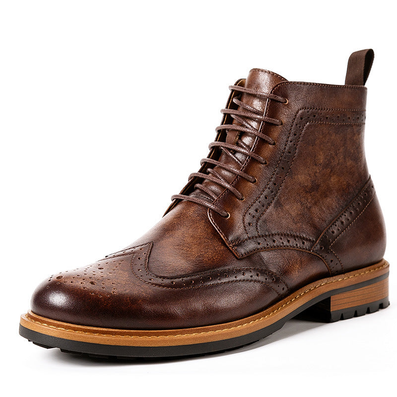 Brown leather brogue boot on a white background