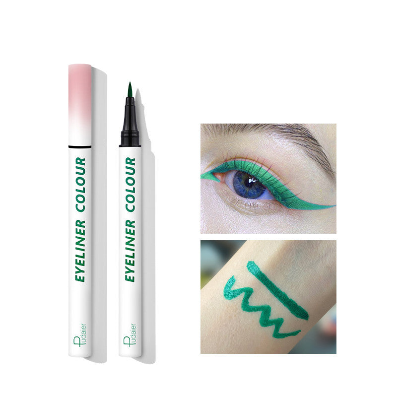 Eyeliner pen with packaging, applied on eye and arm, on a white background
