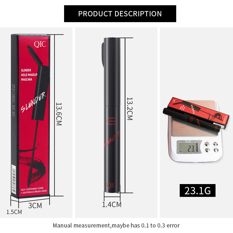 QIC Slander mascara with packaging, measurements, and weight displayed on a white background