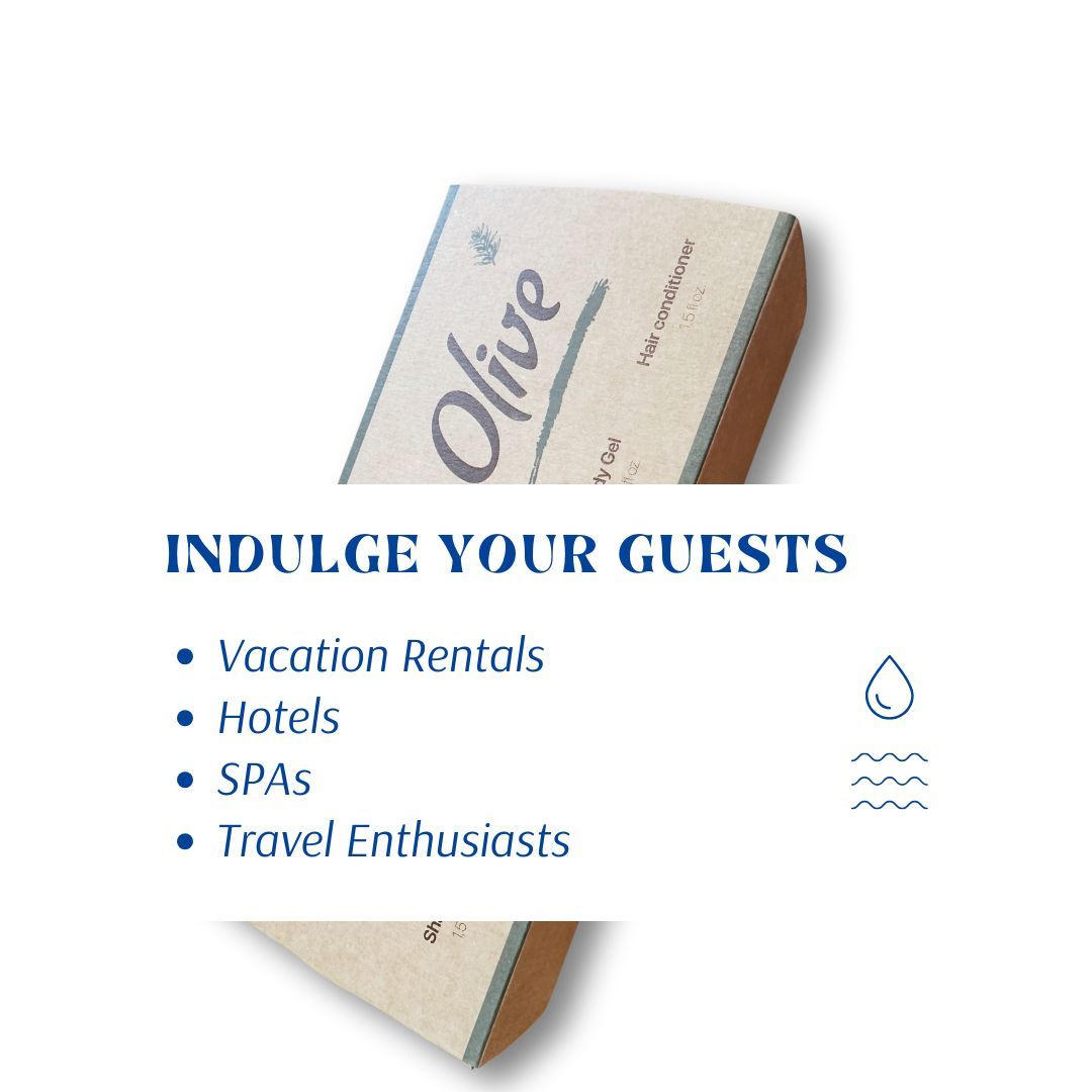 Product packaging with 'Olive' branding and text about catering to guests in various settings.