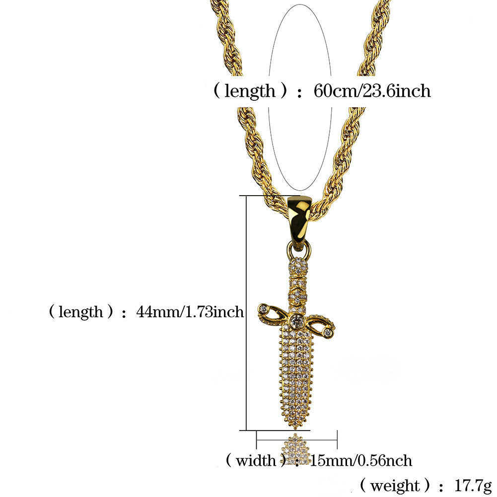 Gold necklace with a sword pendant and measurements on a white background
