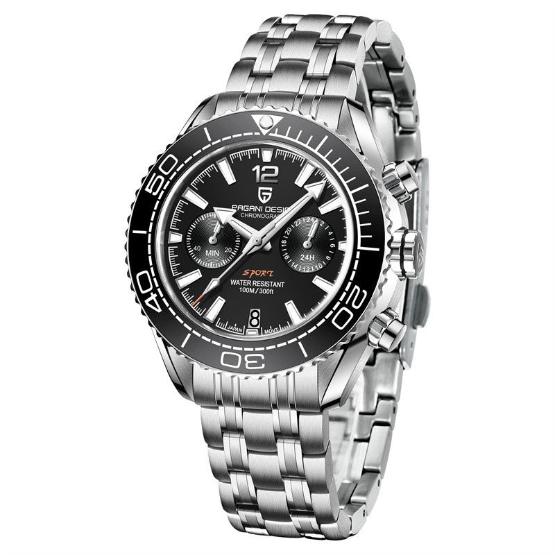 Silver wristwatch with a black dial on a white background