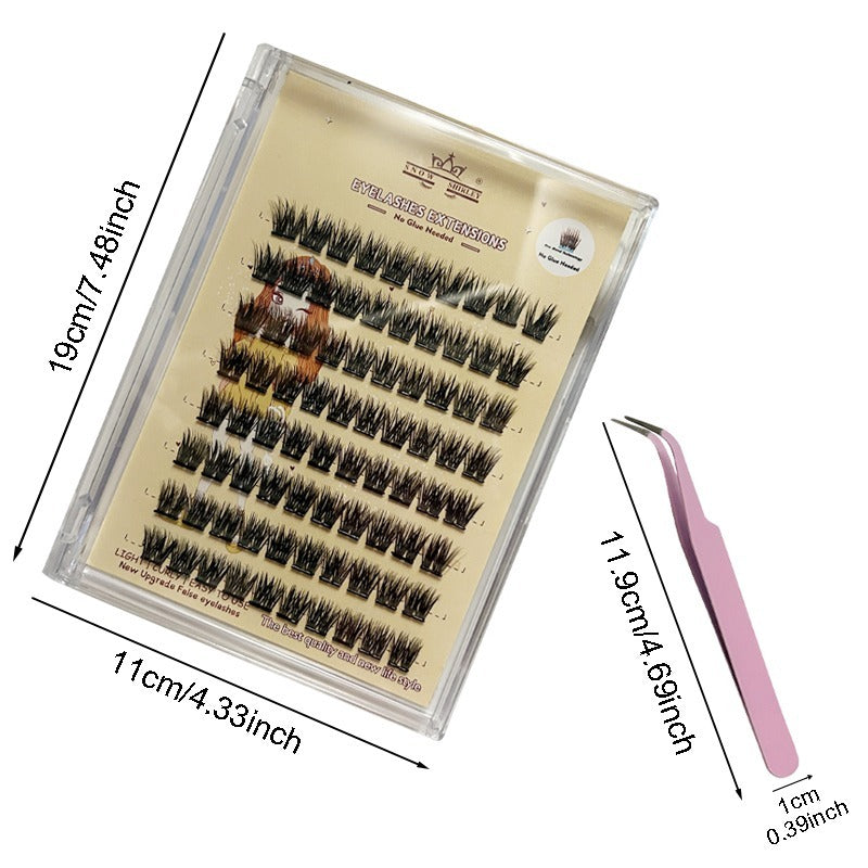 Eyelash extension set with tweezers and measurements on a white background