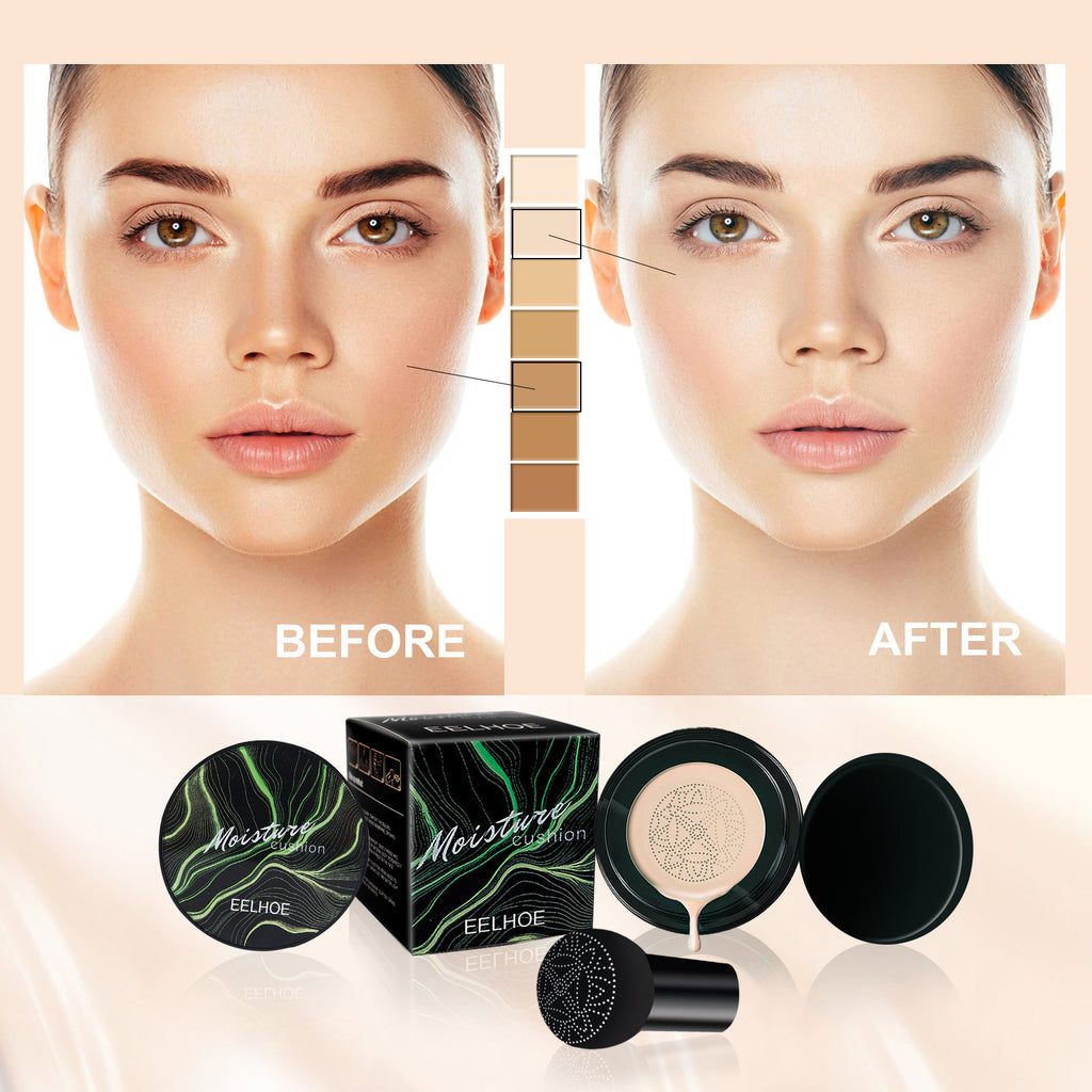 Before and after comparison of a woman's face with makeup products displayed below.