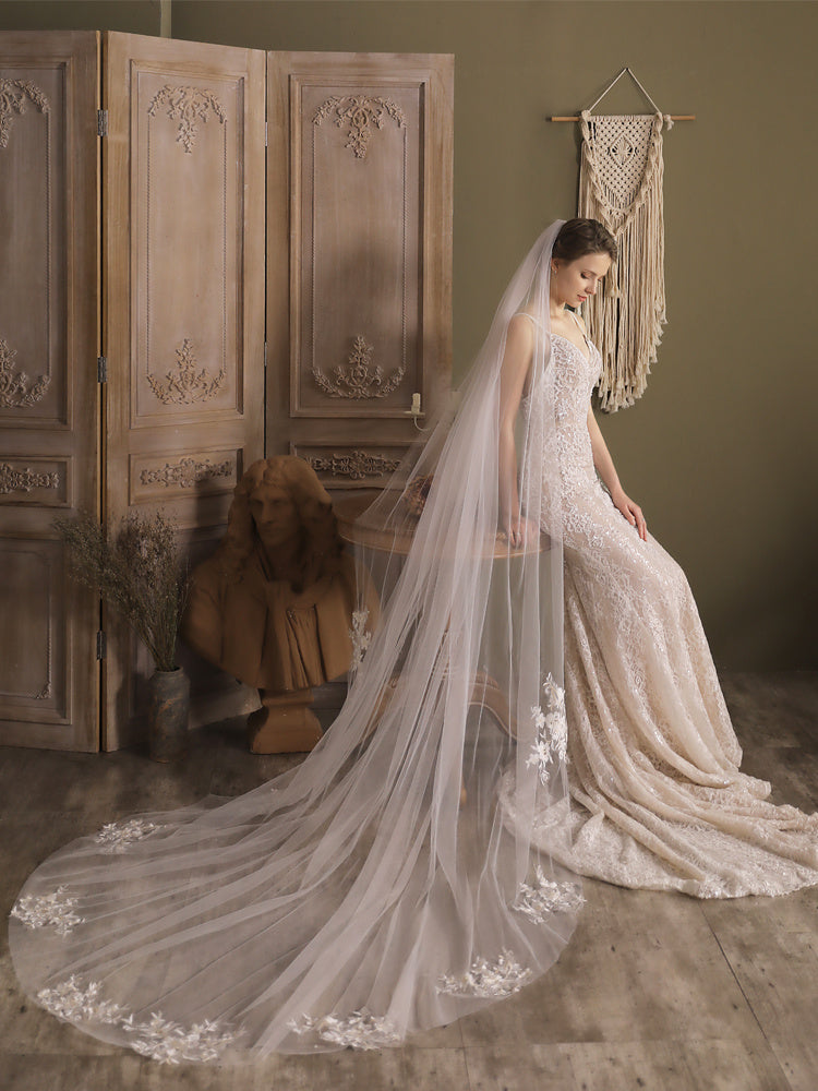 Bride in a lace wedding dress with a long veil standing in a rustic room.