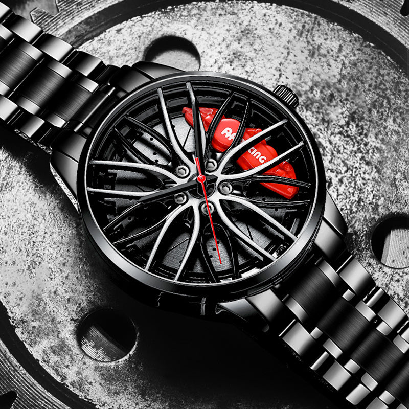 Watch with a unique design featuring a wheel and red accents on a textured surface