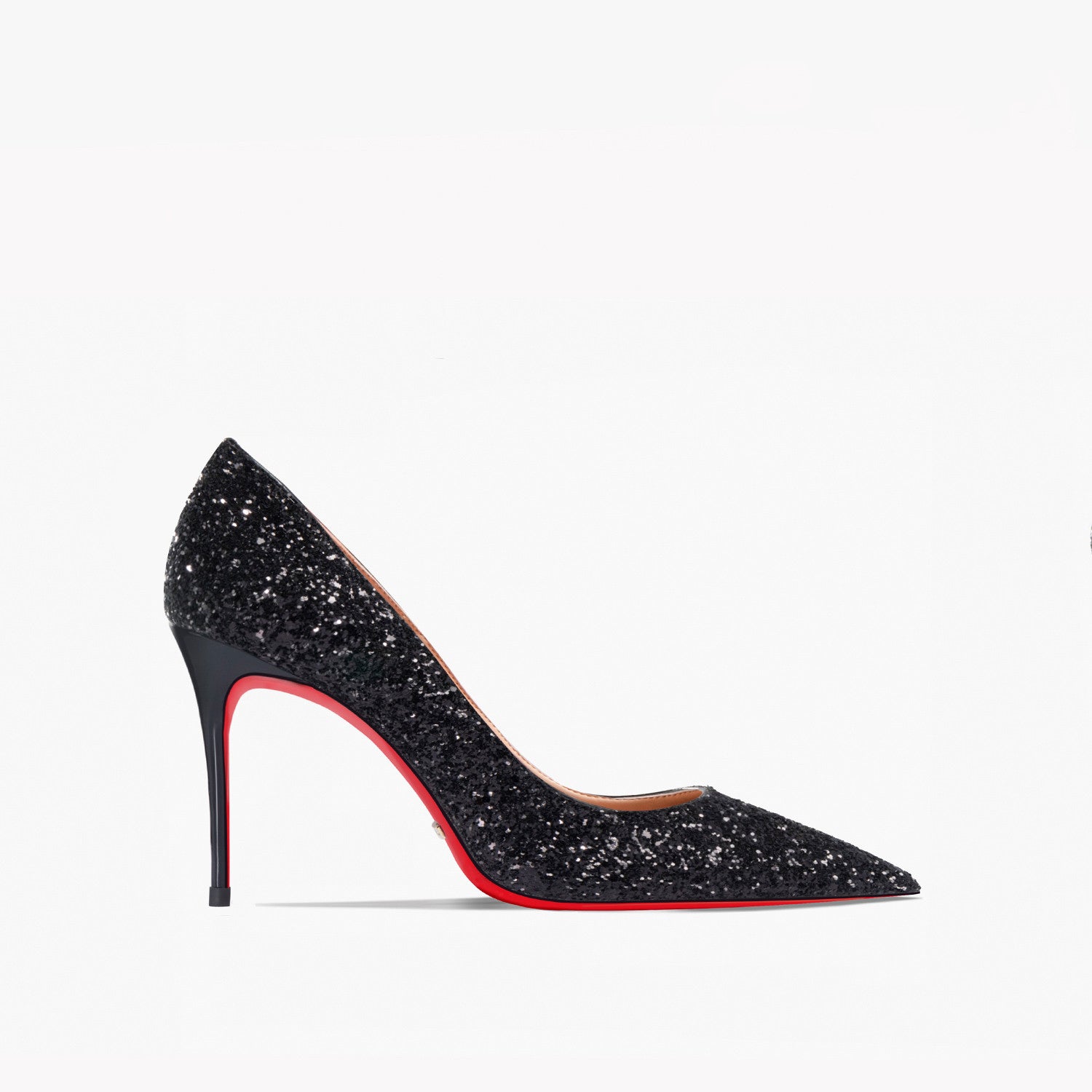 Black glitter high heel shoe with red sole on a white background