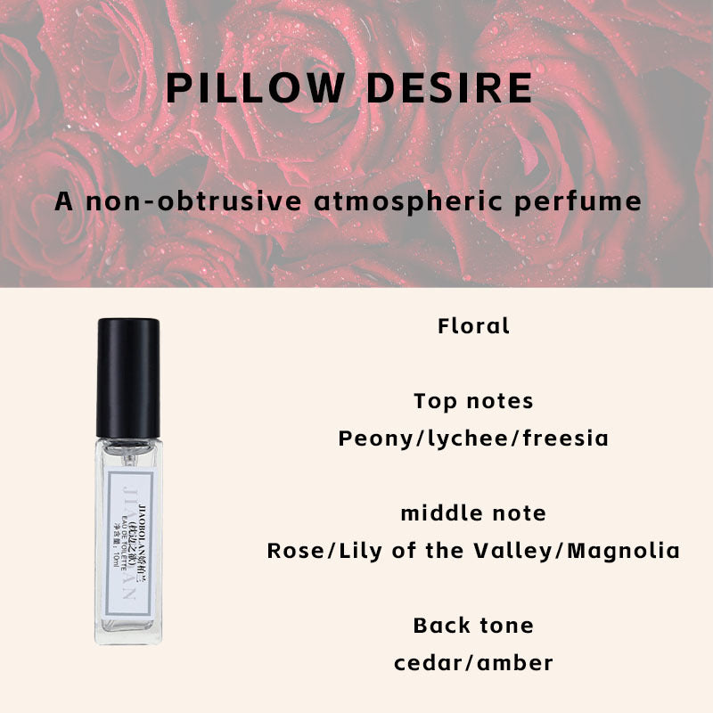 Perfume bottle with product description and floral design in the background