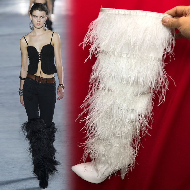 Feathered black and white boot on a red background with a model wearing similar boots on a runway.