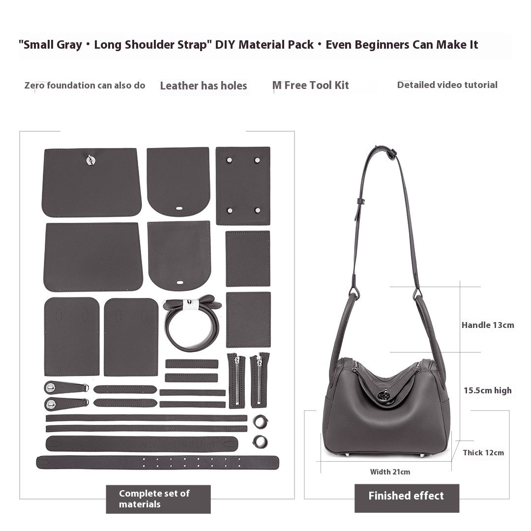 DIY material pack for making a gray shoulder bag with components and dimensions displayed.
