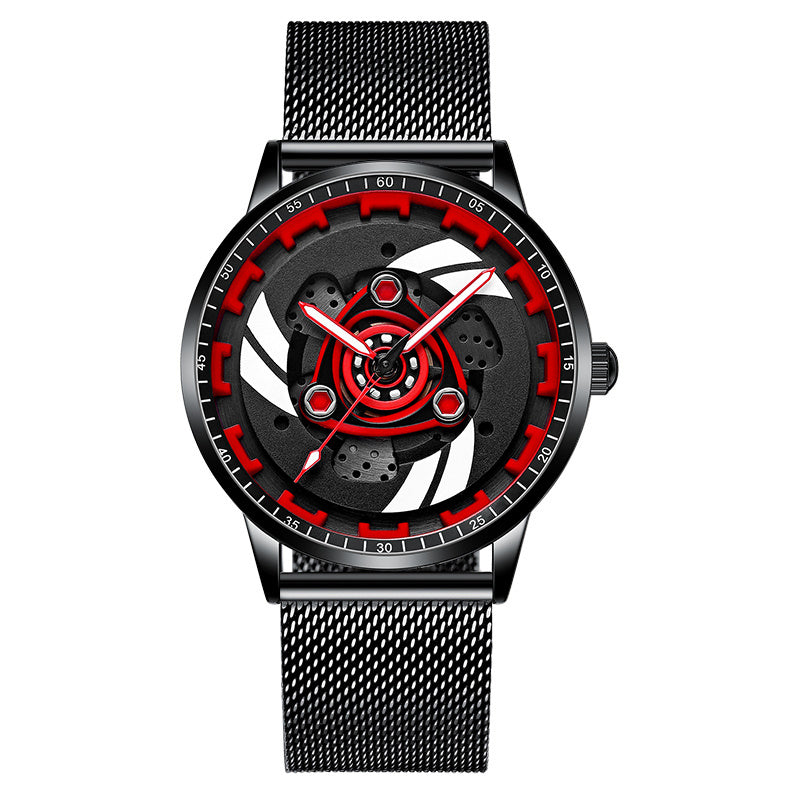 Watch with black mesh strap and red accents on a white background