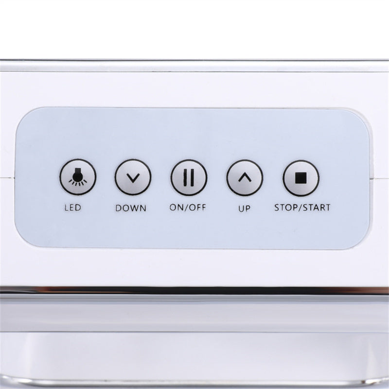 Control panel with buttons labeled LED, DOWN, ON/OFF, UP, and STOP/START on a white background.