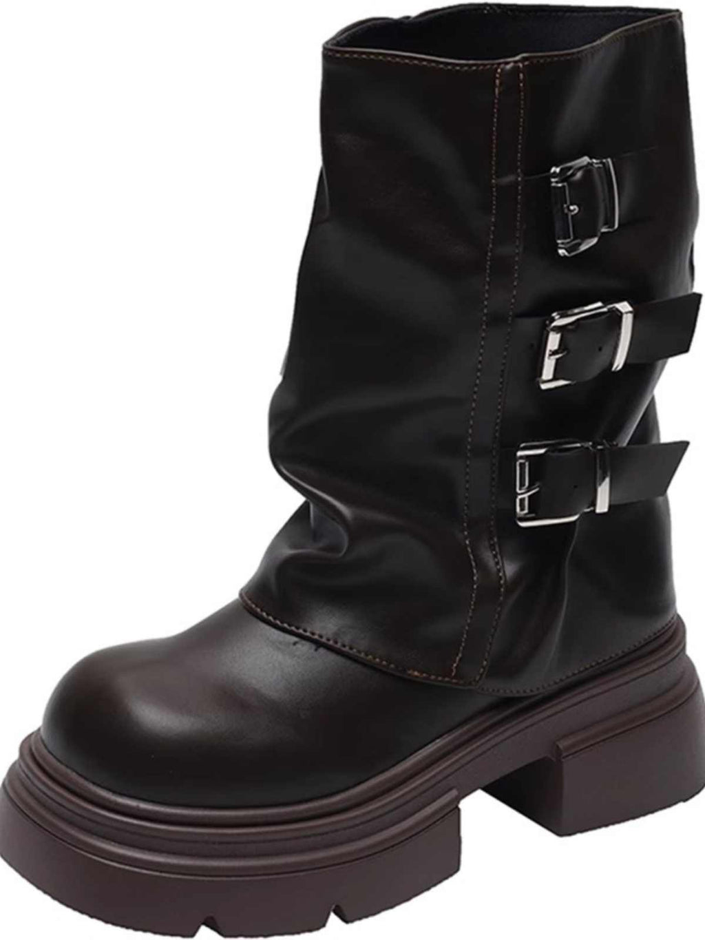 Black leather boot with silver buckles on a white background