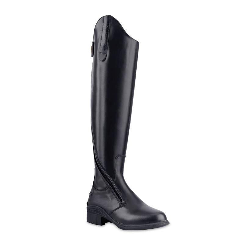 Black riding boot on a white background